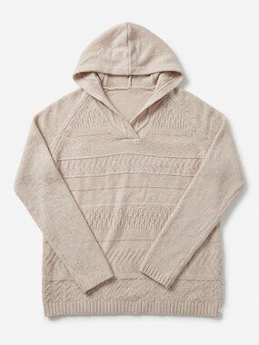 Cozy Beige Textured Knit Hoodie Sweater with V-Neck Shawl Collar